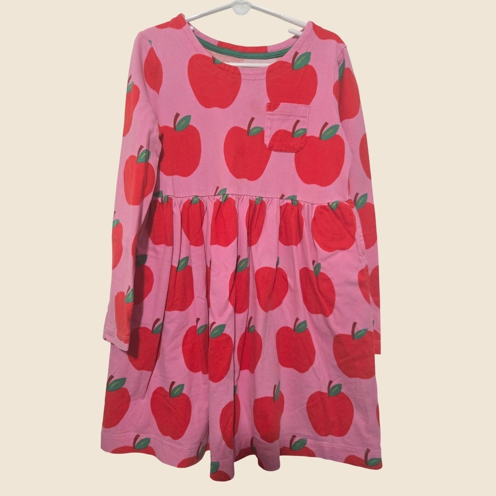 Mini Boden Girls Pink Red Apple Print Long Sleeve Jersey Pocket Dress 7-8Y 128cm